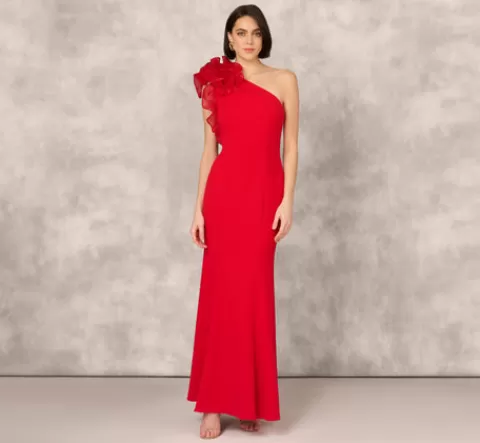 Adrianna Papell One Shoulder Mermaid Dress With Organza Sleeve In RED Store