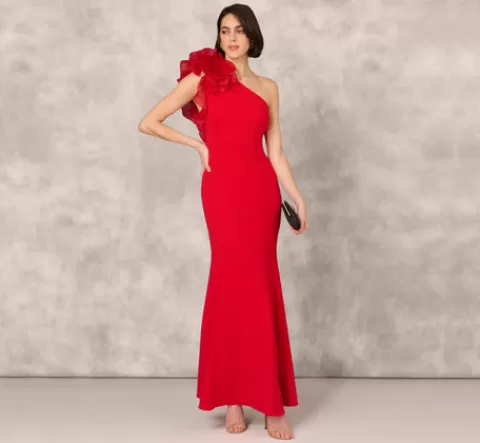 Adrianna Papell One Shoulder Mermaid Dress With Organza Sleeve In RED Store