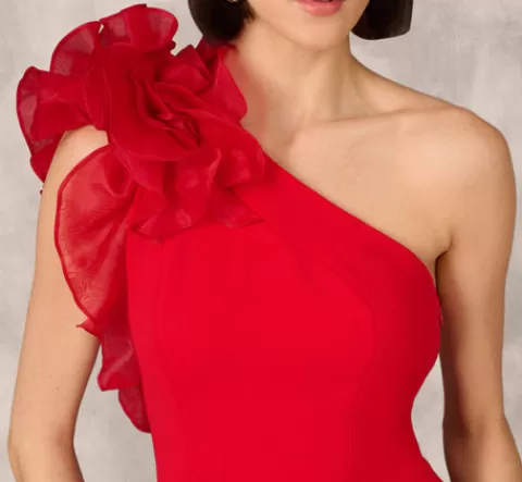 Adrianna Papell One Shoulder Mermaid Dress With Organza Sleeve In RED Store