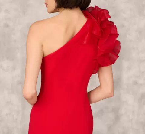 Adrianna Papell One Shoulder Mermaid Dress With Organza Sleeve In RED Store