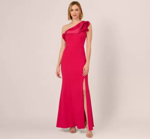 Adrianna Papell One Shoulder Mermaid Gown With Ruffled Neckline In Pink Cherry PINKCHERRY Best