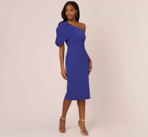 Adrianna Papell One Shoulder Midi Dress With Bow Accent In Disco Indigo DISCOINDIGO Store