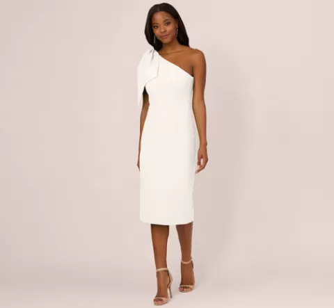 Adrianna Papell One Shoulder Midi Dress With Bow Accent In IVORY Sale