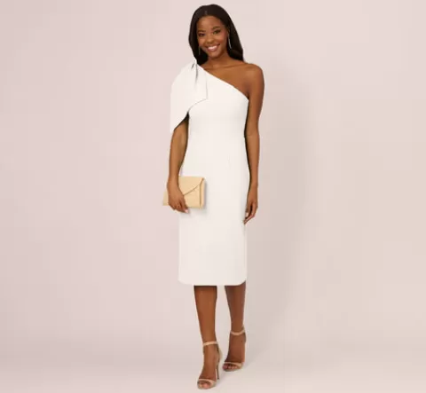 Adrianna Papell One Shoulder Midi Dress With Bow Accent In IVORY Sale