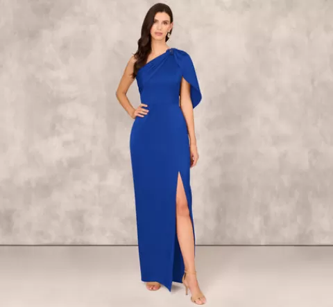 Adrianna Papell One Shoulder Satin Crepe Gown With Bead Trim Cape Sleeve In Royal Sapphire ROYALSAPPHIRE New