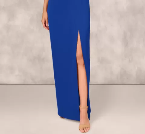 Adrianna Papell One Shoulder Satin Crepe Gown With Bead Trim Cape Sleeve In Royal Sapphire ROYALSAPPHIRE New