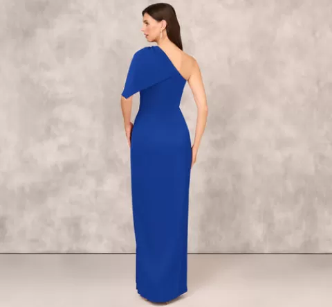 Adrianna Papell One Shoulder Satin Crepe Gown With Bead Trim Cape Sleeve In Royal Sapphire ROYALSAPPHIRE New