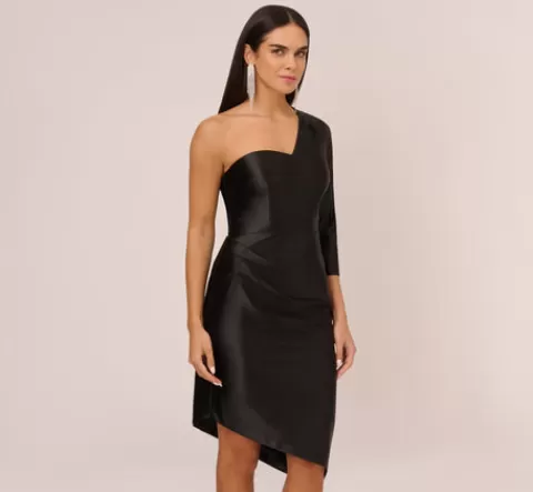 Adrianna Papell One Shoulder Satin Midi Dress With Three-Quarter Sleeve In BLACK Hot