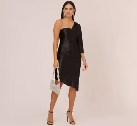 Adrianna Papell One Shoulder Satin Midi Dress With Three-Quarter Sleeve In BLACK Hot