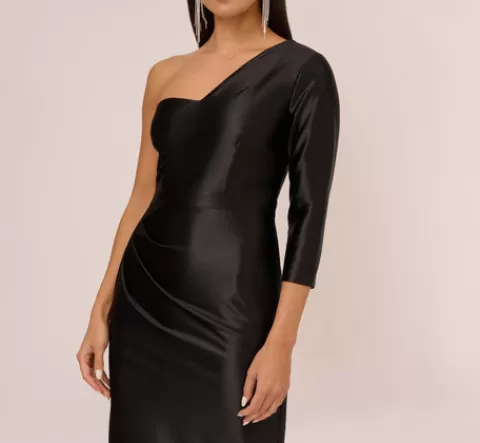 Adrianna Papell One Shoulder Satin Midi Dress With Three-Quarter Sleeve In BLACK Hot