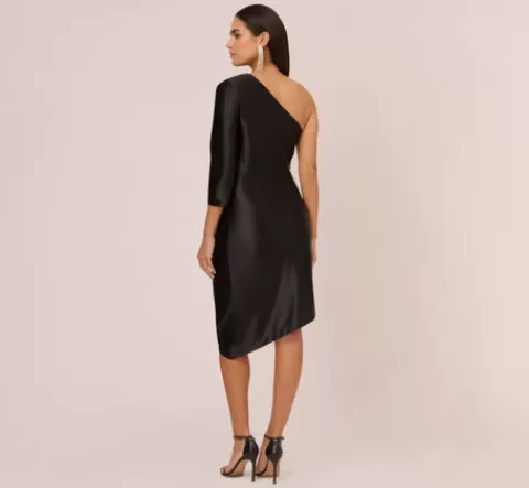Adrianna Papell One Shoulder Satin Midi Dress With Three-Quarter Sleeve In BLACK Hot
