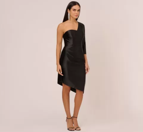 Adrianna Papell One Shoulder Satin Midi Dress With Three-Quarter Sleeve In BLACK Hot