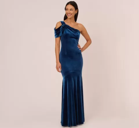 Adrianna Papell One Shoulder Velvet Mermaid Gown With Drape Sleeve In Ocean Wave OCEANWAVE Best