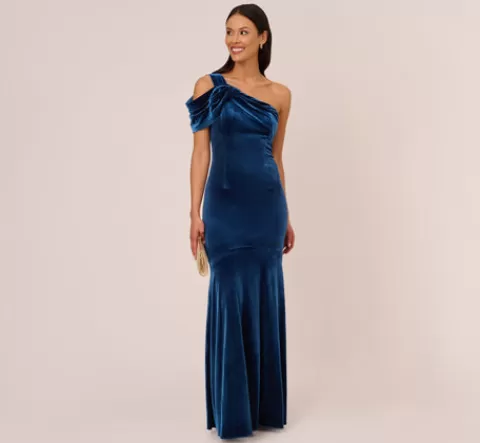 Adrianna Papell One Shoulder Velvet Mermaid Gown With Drape Sleeve In Ocean Wave OCEANWAVE Best