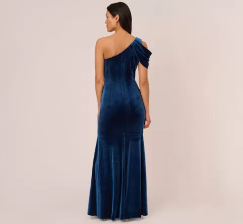 Adrianna Papell One Shoulder Velvet Mermaid Gown With Drape Sleeve In Ocean Wave OCEANWAVE Best