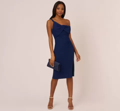 Adrianna Papell One Sleeve Sheath Dress With Bow Neckline In Navy Sateen NAVYSATEEN Fashion