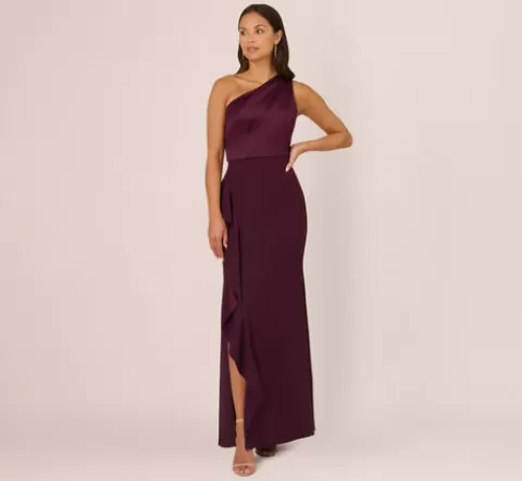 Adrianna Papell One-Shoulder Long Satin Crepe Mermaid Gown In Bordeaux Glow BORDEAUXGLOW New