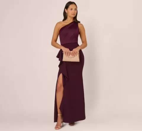 Adrianna Papell One-Shoulder Long Satin Crepe Mermaid Gown In Bordeaux Glow BORDEAUXGLOW New
