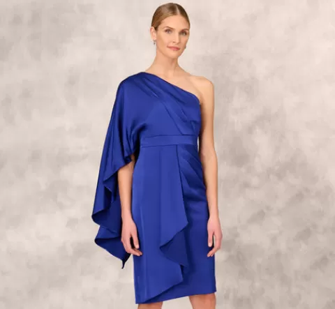 Adrianna Papell One-Shoulder Satin Draped Sheath Dress With Crepe Back And Cape In Royal Sapphire ROYALSAPPHIRE Store