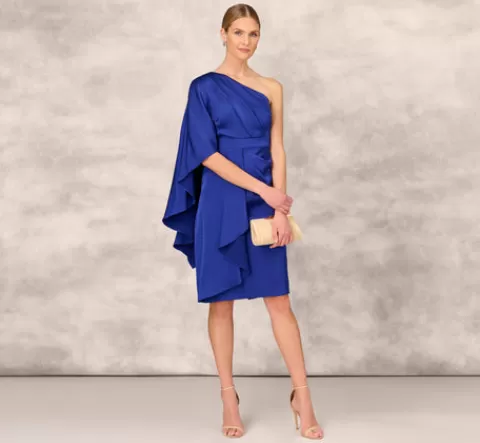 Adrianna Papell One-Shoulder Satin Draped Sheath Dress With Crepe Back And Cape In Royal Sapphire ROYALSAPPHIRE Store