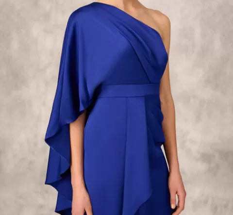 Adrianna Papell One-Shoulder Satin Draped Sheath Dress With Crepe Back And Cape In Royal Sapphire ROYALSAPPHIRE Store