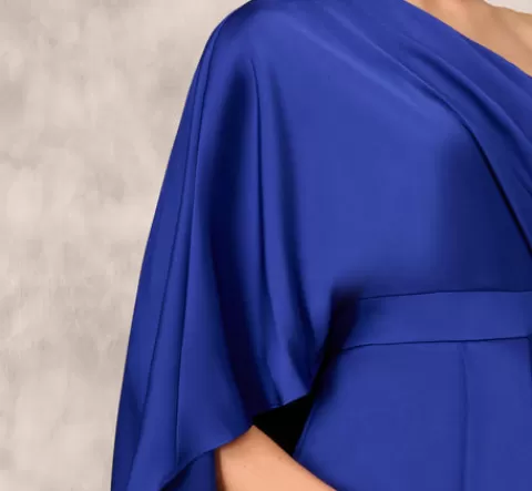 Adrianna Papell One-Shoulder Satin Draped Sheath Dress With Crepe Back And Cape In Royal Sapphire ROYALSAPPHIRE Store