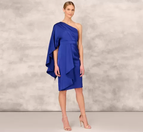 Adrianna Papell One-Shoulder Satin Draped Sheath Dress With Crepe Back And Cape In Royal Sapphire ROYALSAPPHIRE Store