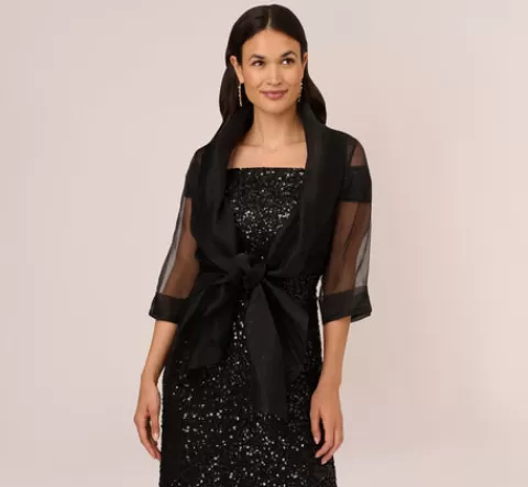 Adrianna Papell Organza Wrap Jacket With Short Sleeves In BLACK Clearance