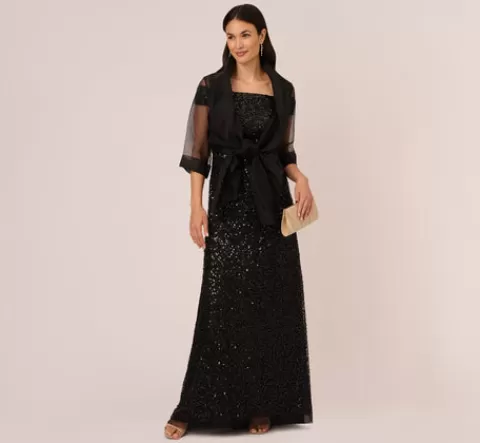 Adrianna Papell Organza Wrap Jacket With Short Sleeves In BLACK Clearance