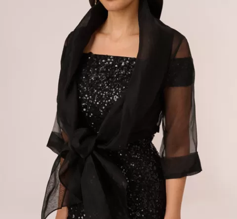 Adrianna Papell Organza Wrap Jacket With Short Sleeves In BLACK Clearance