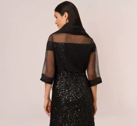 Adrianna Papell Organza Wrap Jacket With Short Sleeves In BLACK Clearance