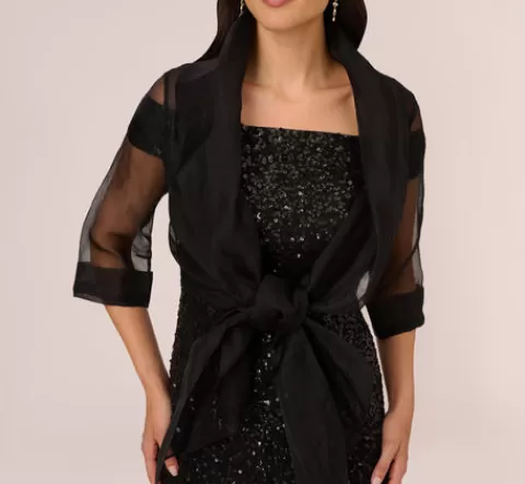 Adrianna Papell Organza Wrap Jacket With Short Sleeves In BLACK Clearance