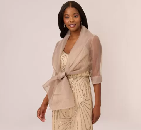 Adrianna Papell Organza Wrap Jacket With Short Sleeves In CHAMPAGNE Hot
