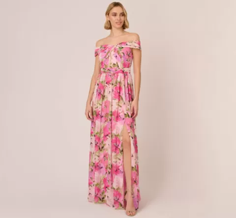 Adrianna Papell Painterly Floral Print Off The Shoulder Gown With Twisted Bust In Pink Multi PINKMULTI Clearance
