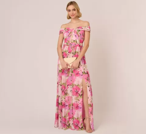 Adrianna Papell Painterly Floral Print Off The Shoulder Gown With Twisted Bust In Pink Multi PINKMULTI Clearance