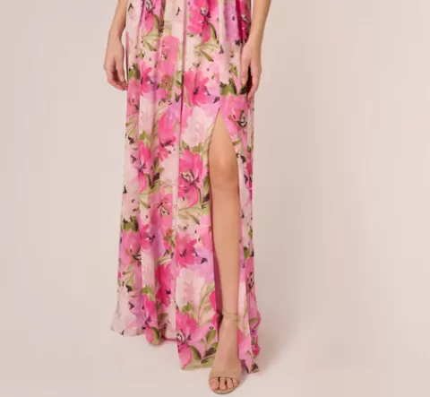 Adrianna Papell Painterly Floral Print Off The Shoulder Gown With Twisted Bust In Pink Multi PINKMULTI Clearance
