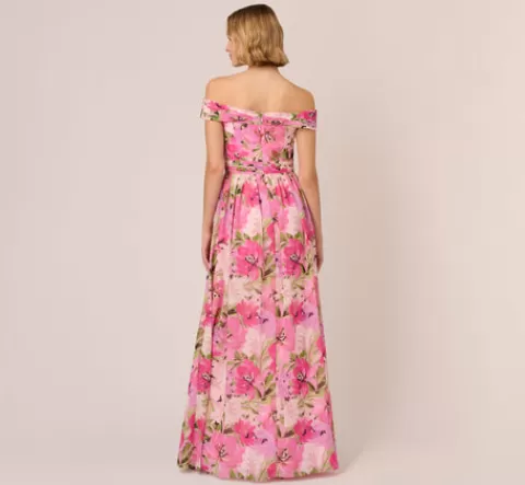 Adrianna Papell Painterly Floral Print Off The Shoulder Gown With Twisted Bust In Pink Multi PINKMULTI Clearance