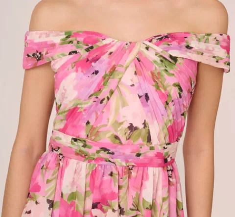 Adrianna Papell Painterly Floral Print Off The Shoulder Gown With Twisted Bust In Pink Multi PINKMULTI Clearance