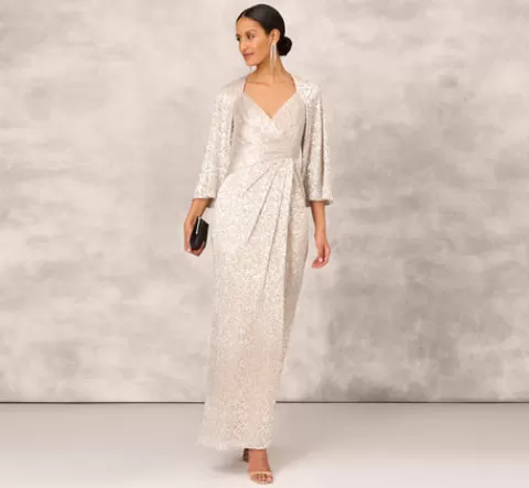 Adrianna Papell Pleated Foiled Long Column Dress With Slit And Flutter Sleeves In Silver Gold SILVER-GOLD Flash Sale
