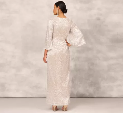 Adrianna Papell Pleated Foiled Long Column Dress With Slit And Flutter Sleeves In Silver Gold SILVER-GOLD Flash Sale
