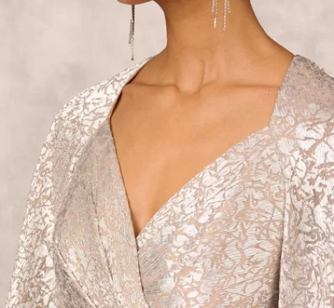 Adrianna Papell Pleated Foiled Long Column Dress With Slit And Flutter Sleeves In Silver Gold SILVER-GOLD Flash Sale