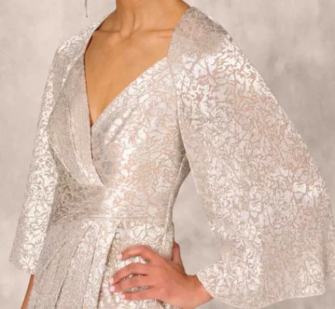 Adrianna Papell Pleated Foiled Long Column Dress With Slit And Flutter Sleeves In Silver Gold SILVER-GOLD Flash Sale