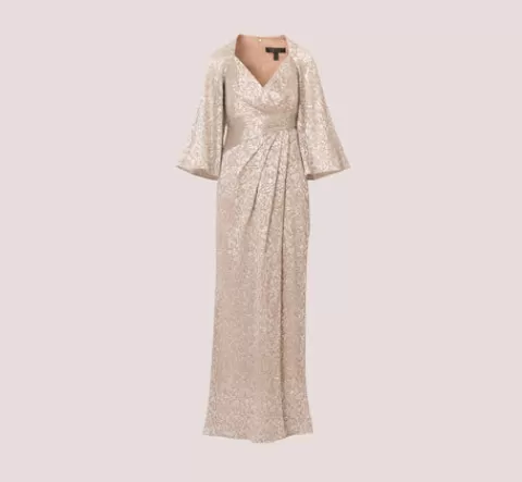 Adrianna Papell Pleated Foiled Long Column Dress With Slit And Flutter Sleeves In Silver Gold SILVER-GOLD Flash Sale