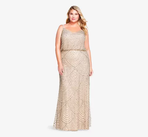 Adrianna Papell Plus Size Art Deco Beaded Blouson Gown In Taupe Pink TAUPE-PINK Online