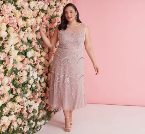 Adrianna Papell Plus Size Beaded Ankle-Length Dress With Sheer Neckline In Dusted Petal Ivory DUSTEDPETAL-IVORY Flash Sale
