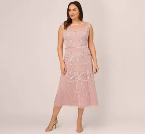 Adrianna Papell Plus Size Beaded Ankle-Length Dress With Sheer Neckline In Dusted Petal Ivory DUSTEDPETAL-IVORY Flash Sale