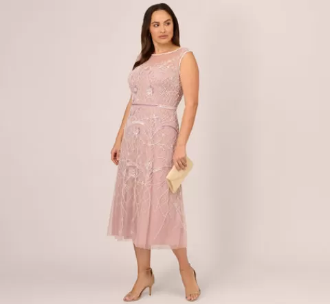 Adrianna Papell Plus Size Beaded Ankle-Length Dress With Sheer Neckline In Dusted Petal Ivory DUSTEDPETAL-IVORY Flash Sale