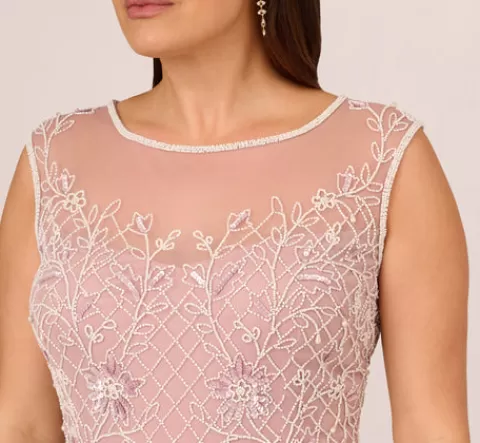 Adrianna Papell Plus Size Beaded Ankle-Length Dress With Sheer Neckline In Dusted Petal Ivory DUSTEDPETAL-IVORY Flash Sale