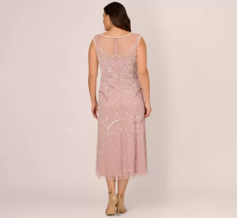 Adrianna Papell Plus Size Beaded Ankle-Length Dress With Sheer Neckline In Dusted Petal Ivory DUSTEDPETAL-IVORY Flash Sale