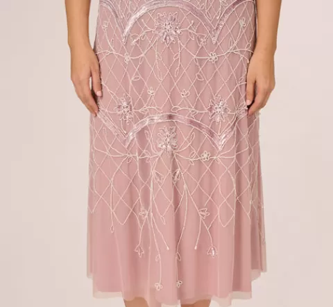 Adrianna Papell Plus Size Beaded Ankle-Length Dress With Sheer Neckline In Dusted Petal Ivory DUSTEDPETAL-IVORY Flash Sale